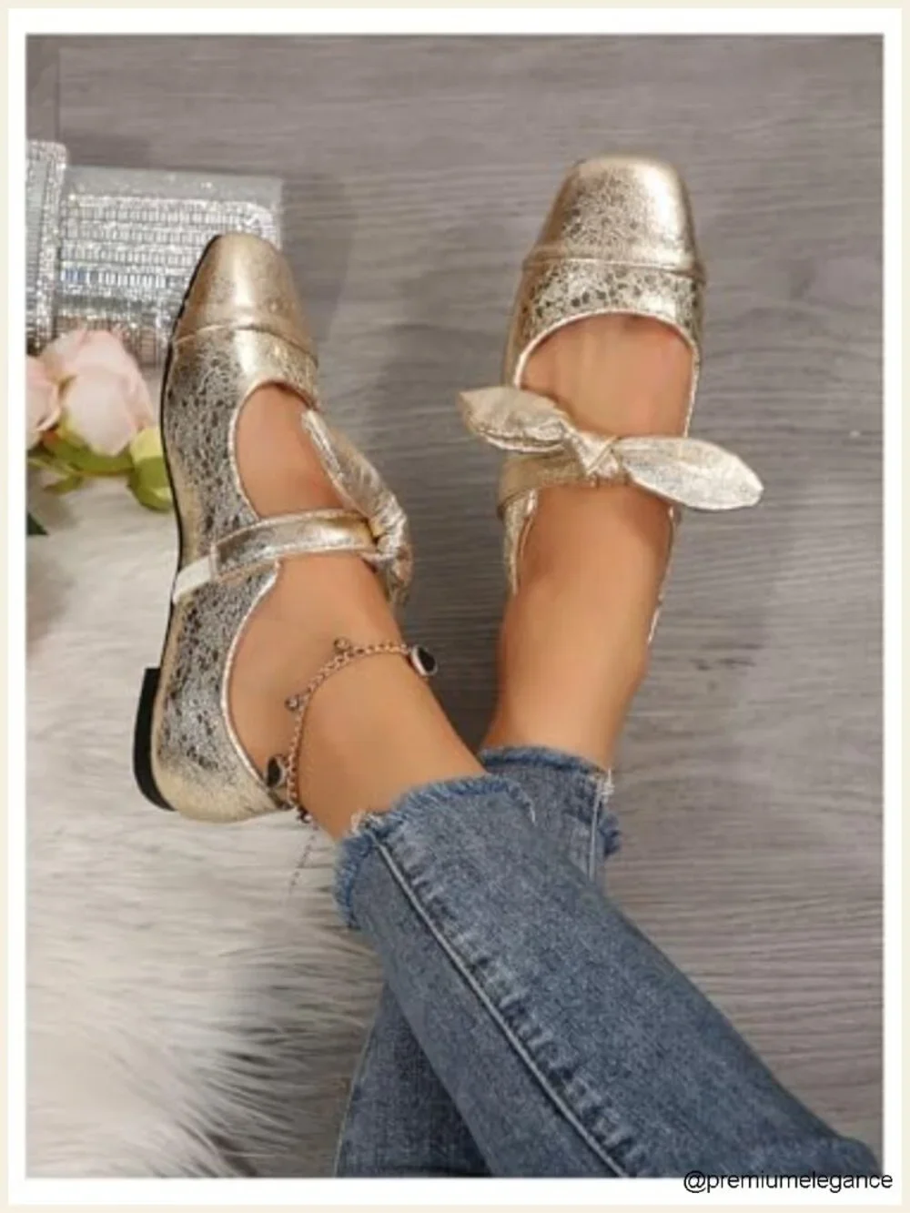 Metallic Ballet Flats Square Toe Bow Ballerina Shoes Synthetic